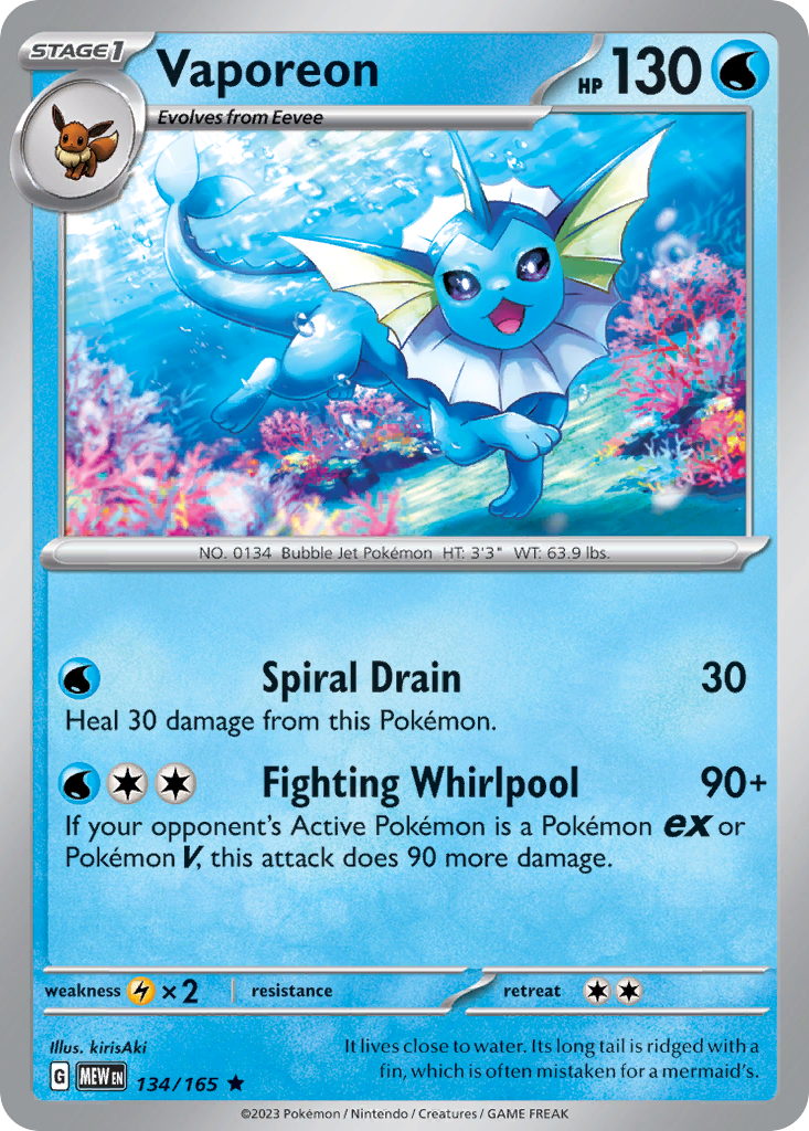 Vaporeon Stage 1 card #134 from Pokemon 151, elegant blue water evolution.