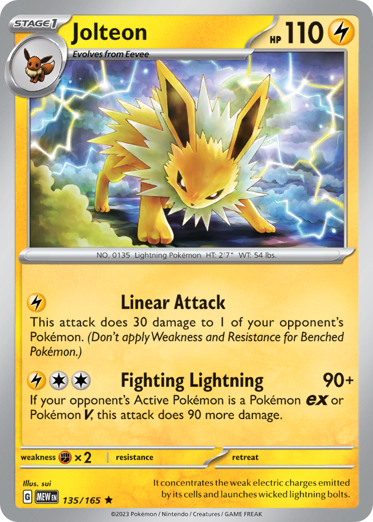Jolteon Stage 1 card #135 from Pokemon 151, spiky yellow electric evolution.