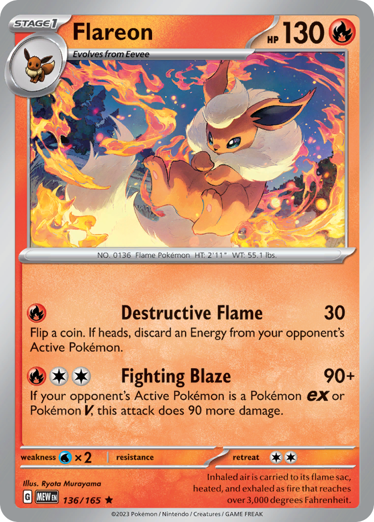 Flareon Stage 1 card #136 from Pokemon 151, fluffy orange fire evolution.