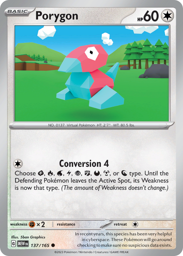 Porygon Colorless-type card #137 from Pokemon 151, digital Pokemon in a grid.