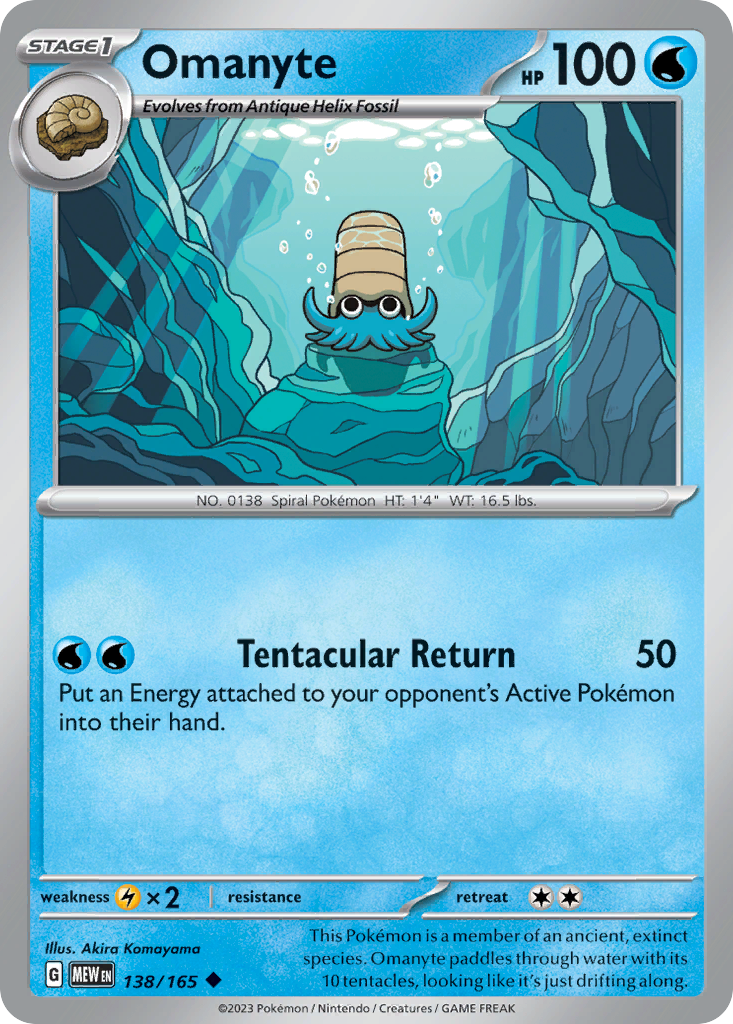 Omanyte Water-type card #138 from Pokemon 151, fossil Pokemon on the seafloor.