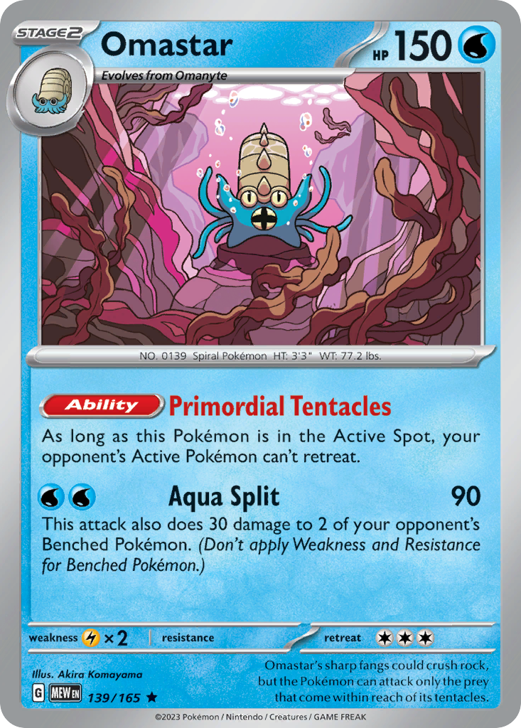 Omastar Stage 1 card #139 from Pokemon 151, spiked shell and tentacles.