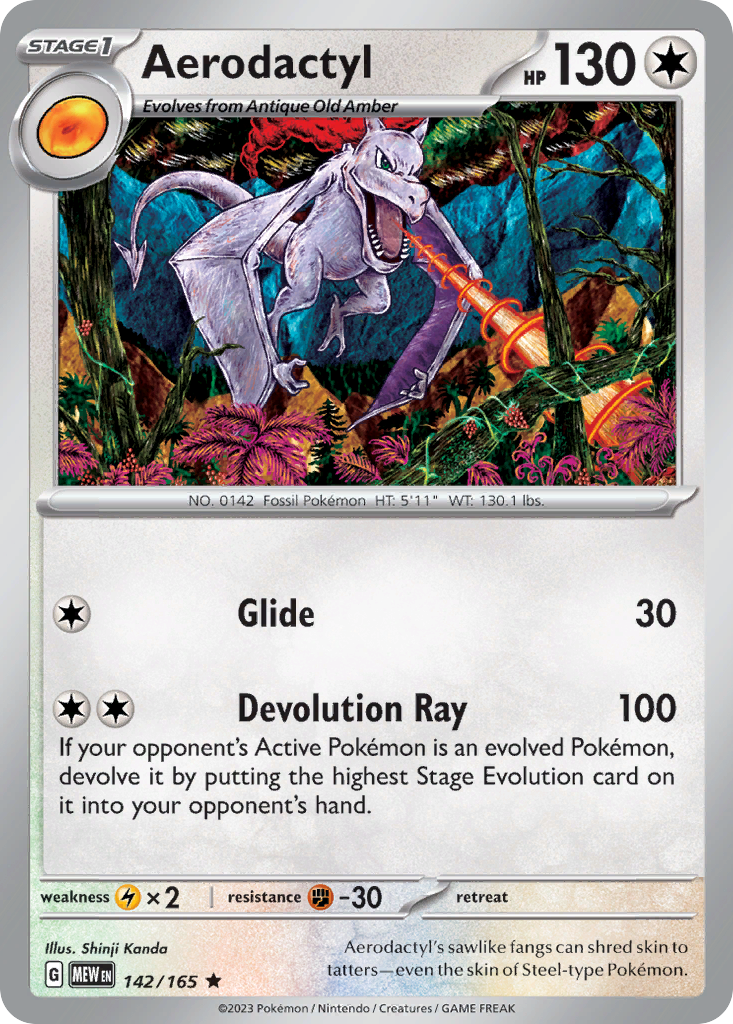 Aerodactyl Colorless-type card #142 from Pokemon 151, flying prehistoric Pokemon.
