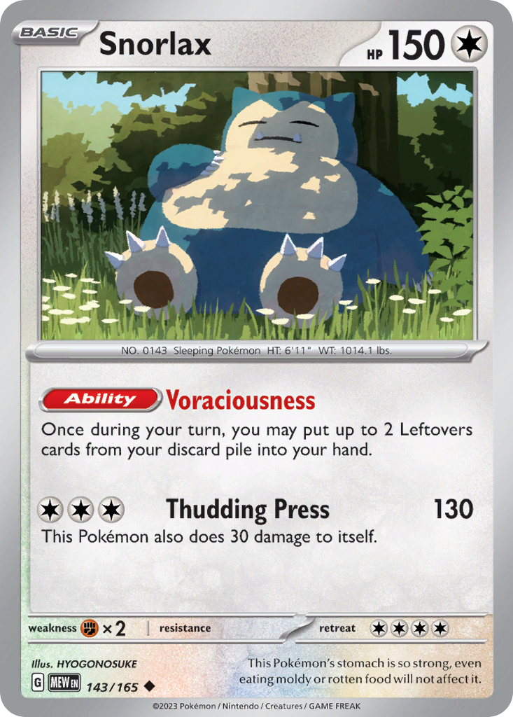 Snorlax Colorless-type card #143 from Pokemon 151, sleeping and blocking a path.