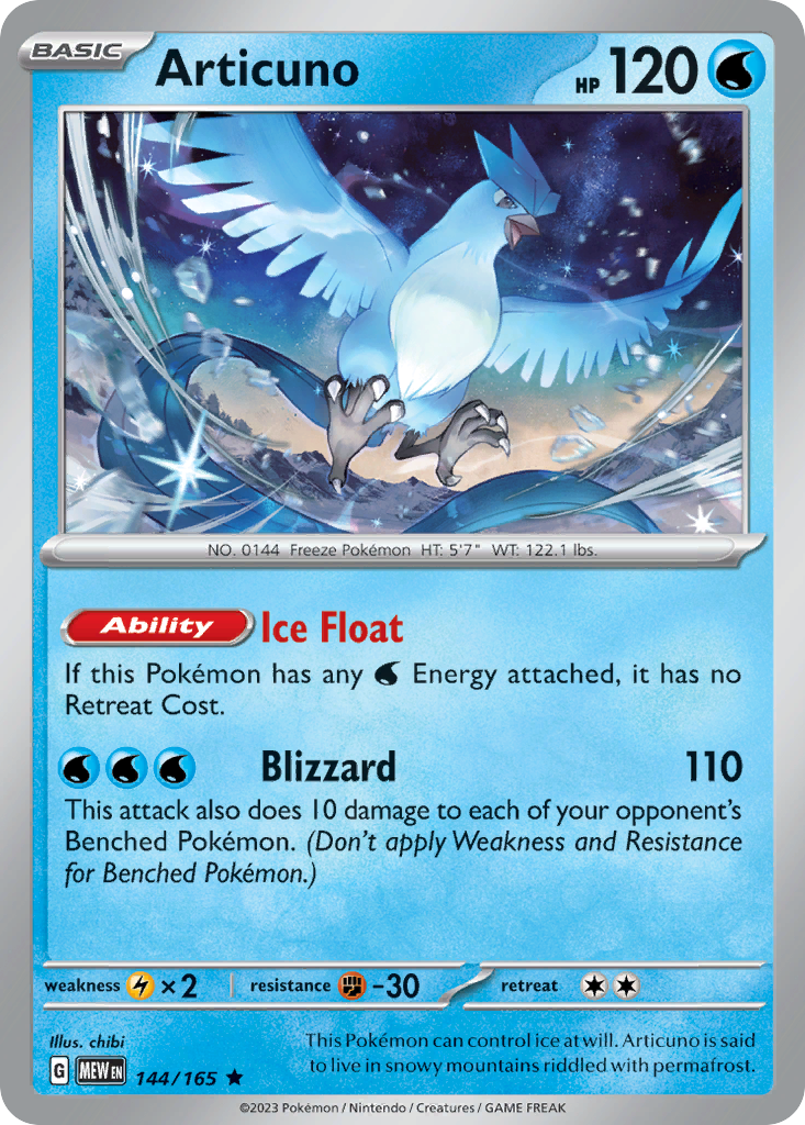 Articuno Legendary Ice-type card #144 from Pokemon 151, flying in a blizzard.