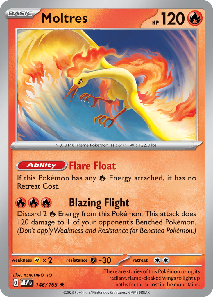 Moltres Legendary Fire-type card #146 from Pokemon 151, wings of fire over a volcano.