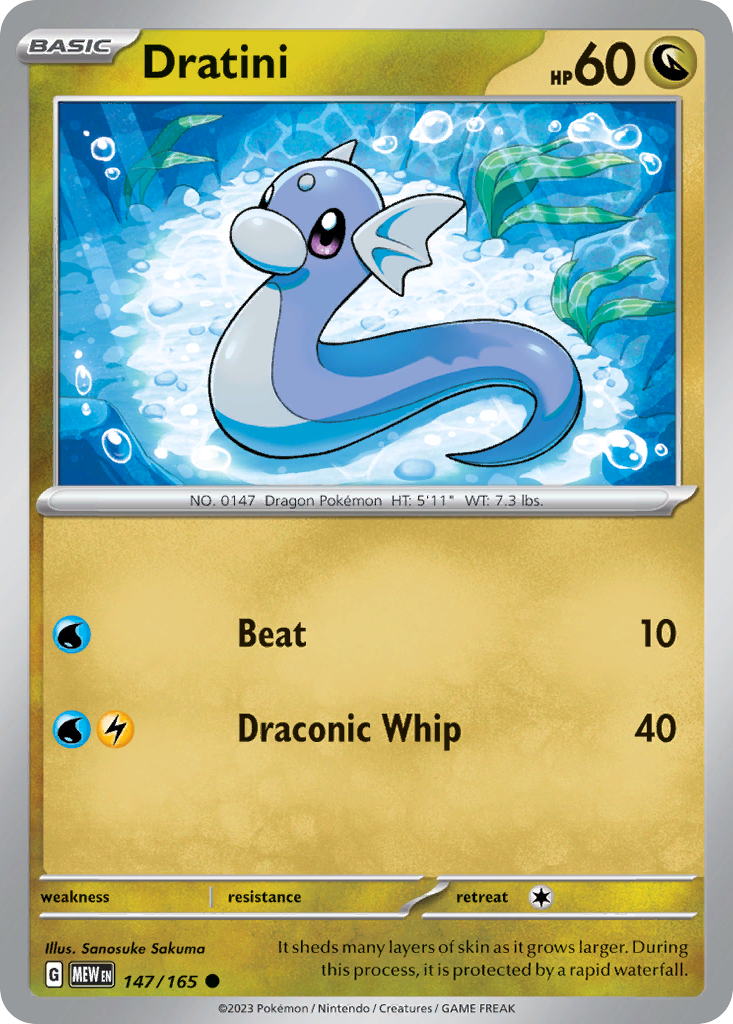 Dratini Dragon-type card #147 from Pokemon 151, sleek blue serpent in a lake.