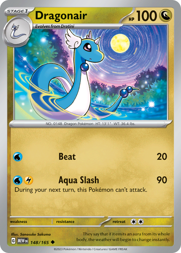 Dragonair Stage 1 card #148 from Pokemon 151, elegant Dragon with blue orbs.