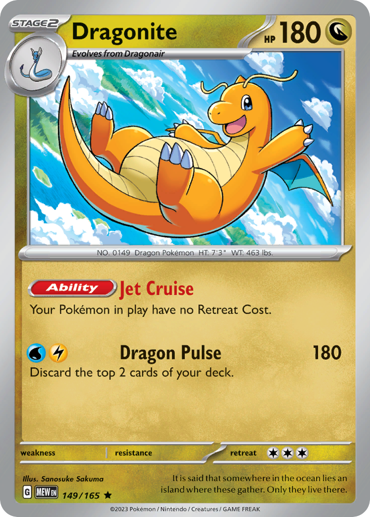 Dragonite Stage 2 card #149 from Pokemon 151, orange dragon flying through clouds.