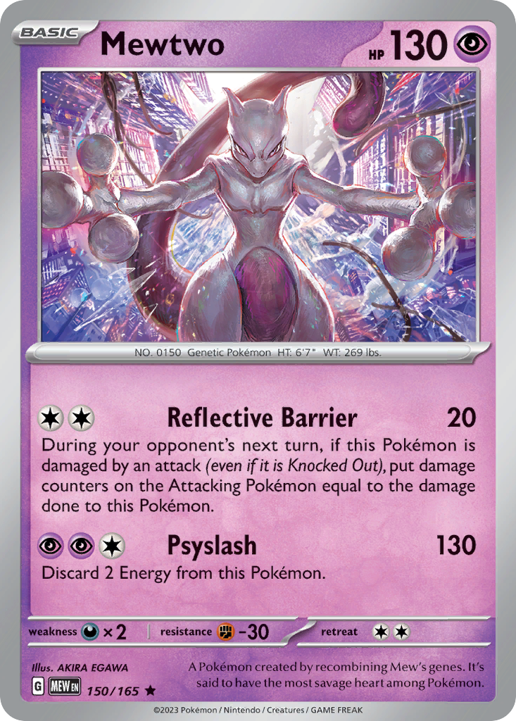 Mewtwo Psychic-type card #150 from Pokemon 151, legendary Pokemon in a laboratory.