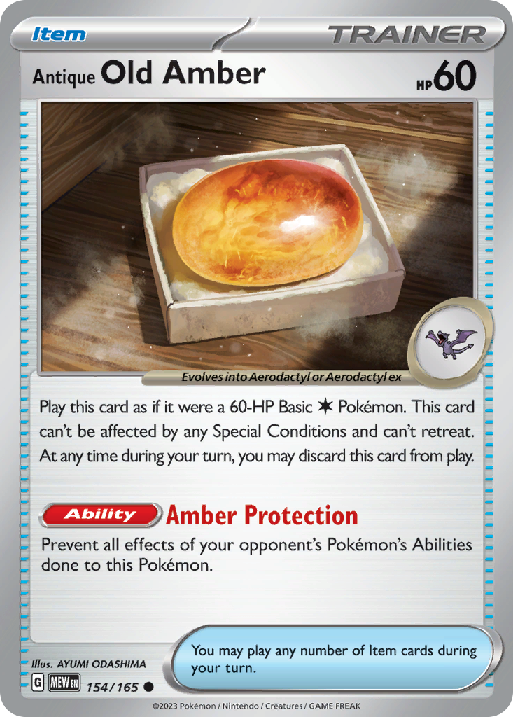 Antique Old Amber Item card #154 from Pokemon 151, fossil in golden resin.