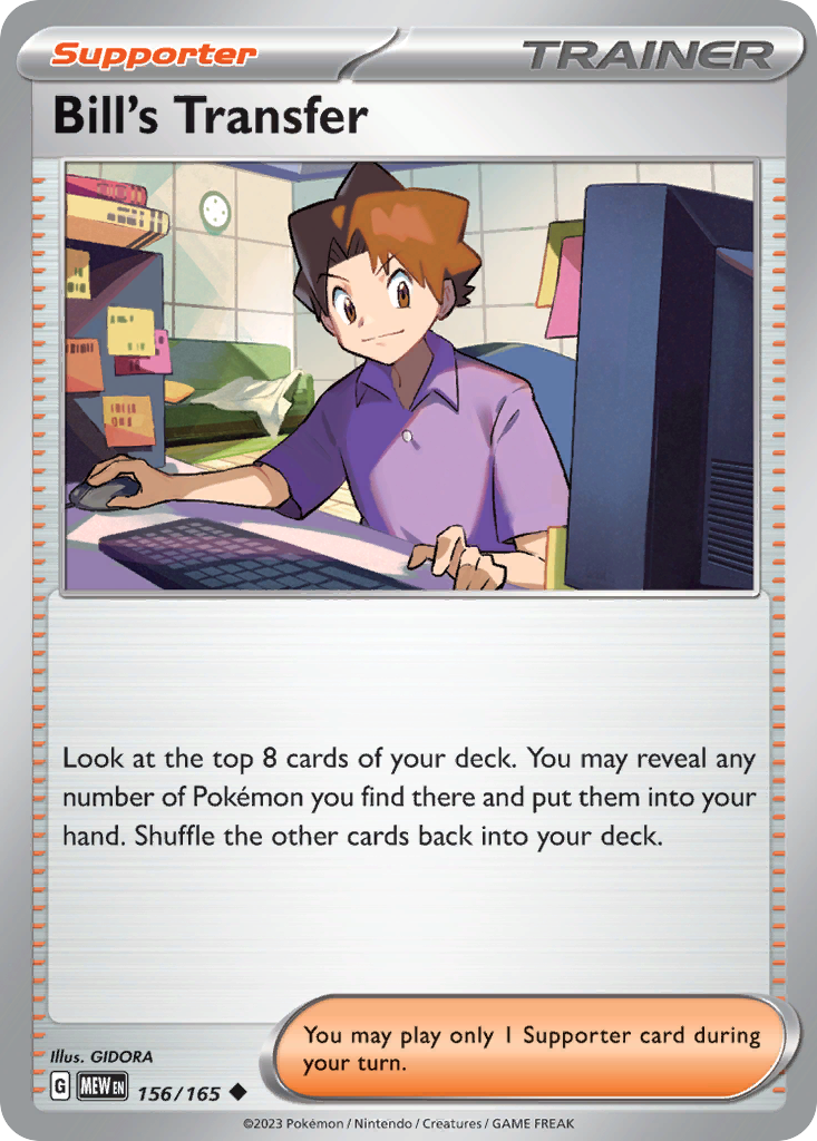 Bill's Transfer Supporter card #156 from Pokemon 151, featuring researcher Bill.
