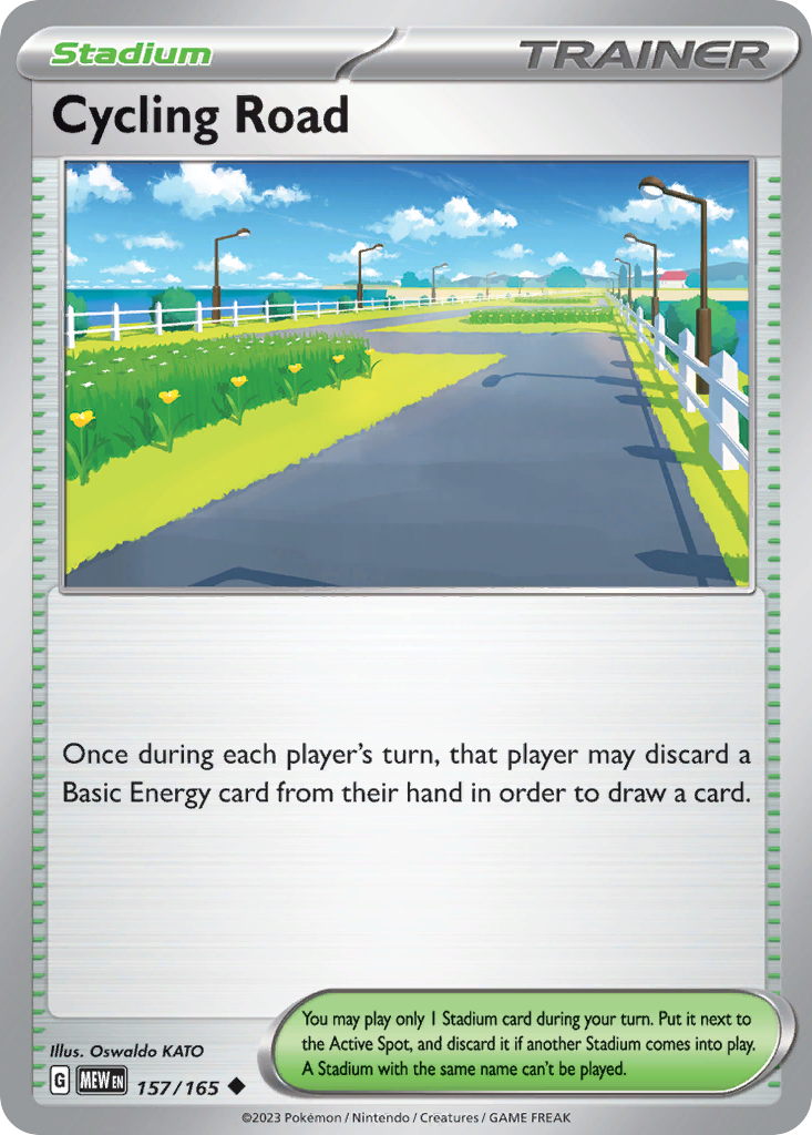 Cycling Road Stadium card #157 from Pokemon 151, coastal bicycle path.