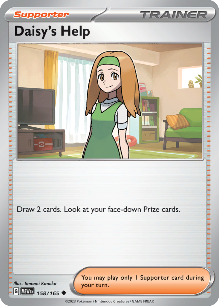Daisy's Help Supporter card #158 from Pokemon 151, featuring Daisy with tea.