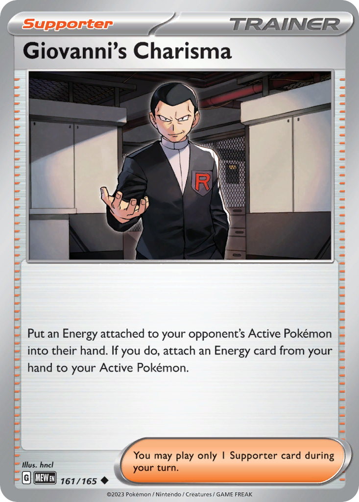 Giovanni's Charisma Supporter card #161 from Pokemon 151, Team Rocket leader.