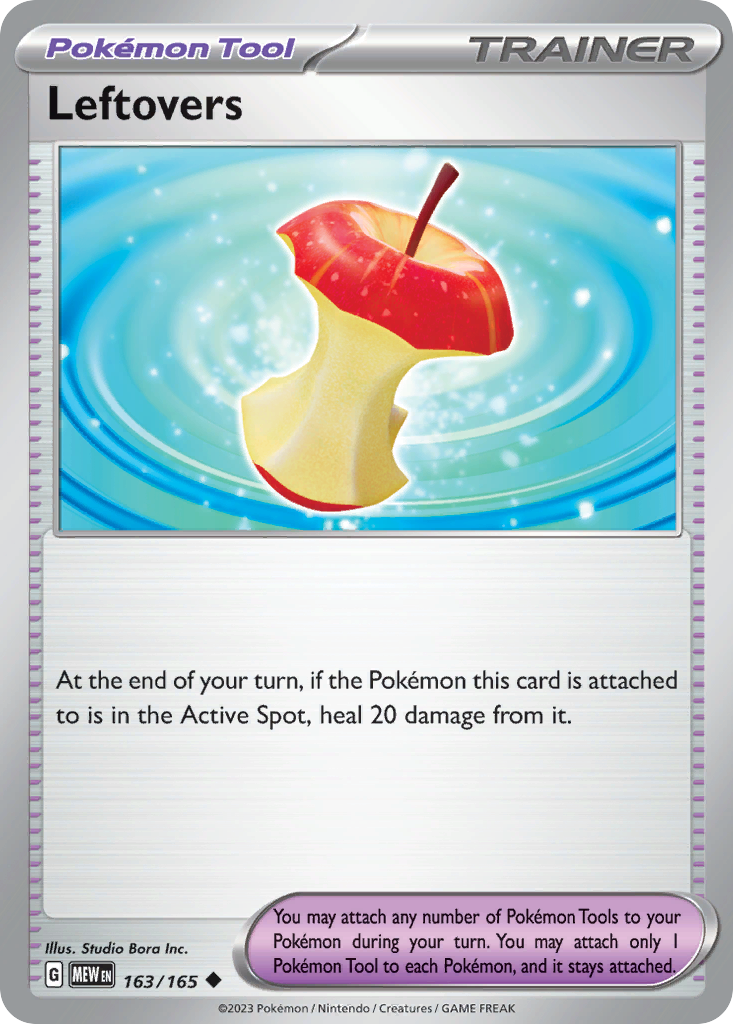 Leftovers Tool card #163 from Pokemon 151, a half-eaten apple core.