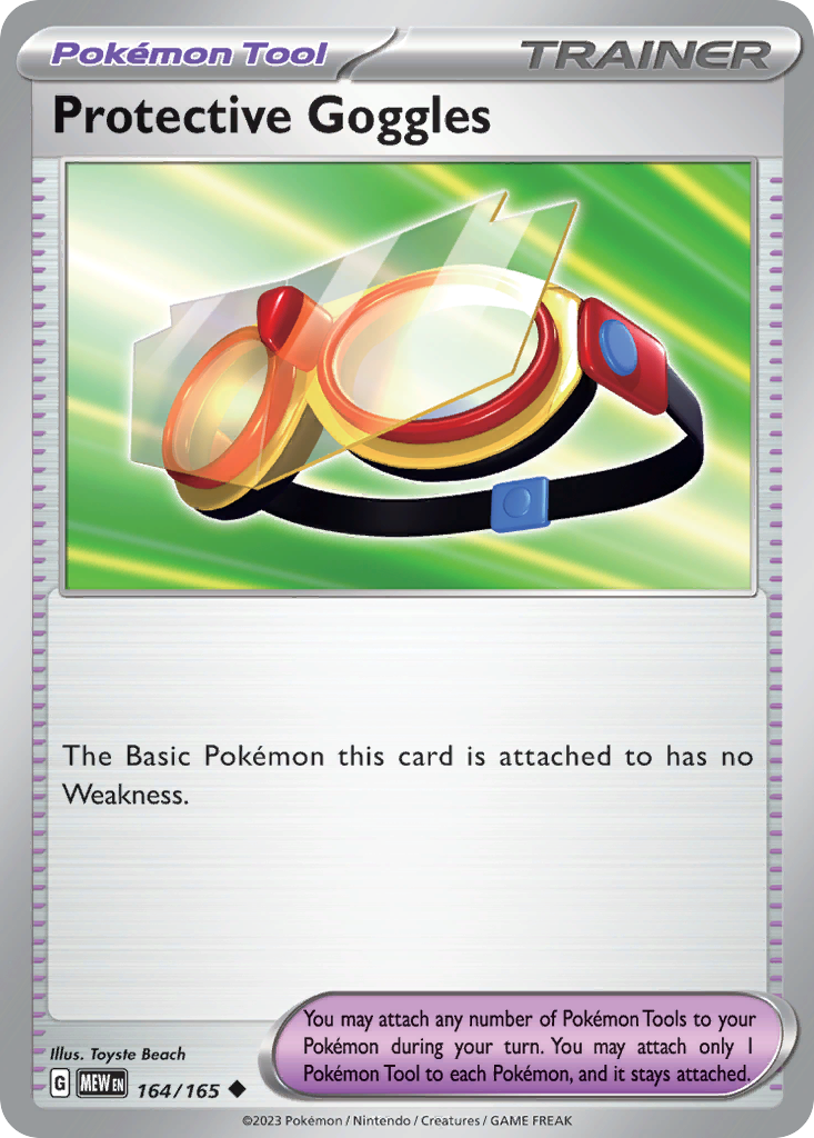 Protective Goggles Tool card #164 from Pokemon 151, orange eyewear.
