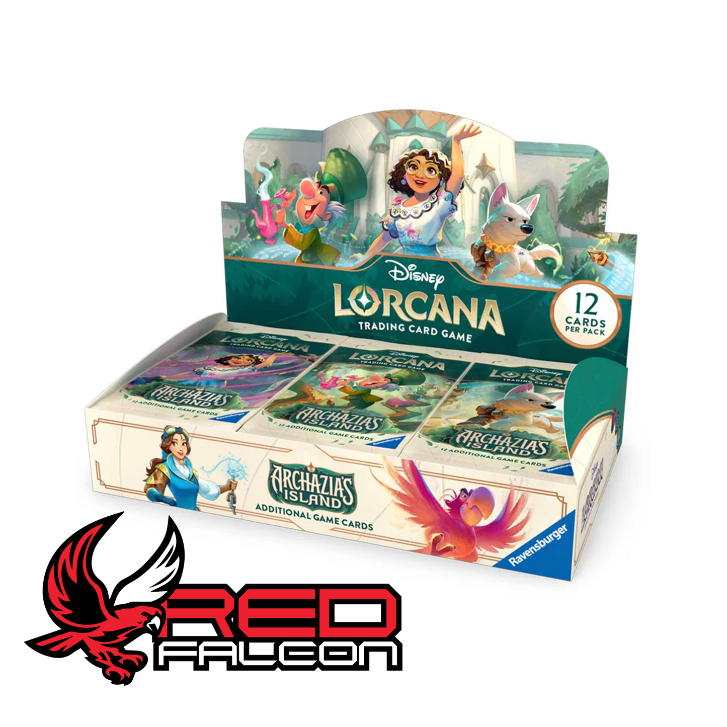 Disney Lorcana Archazia's Island Booster Box display showing all 24 packs from Set 7.