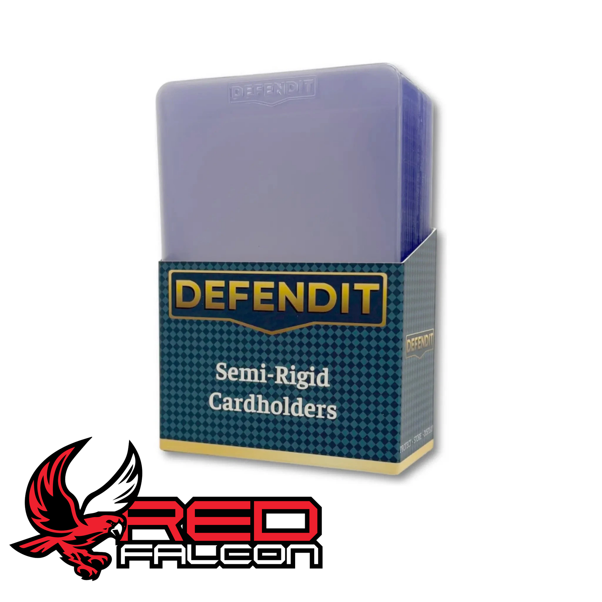 The front view of a factory-sealed pack of 50 Defendit semi-rigid card holders for grading submissions.