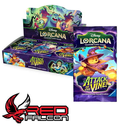 A Disney Lorcana Attack of the Vine booster box displayed alongside an individual Winnie the Pooh booster pack.