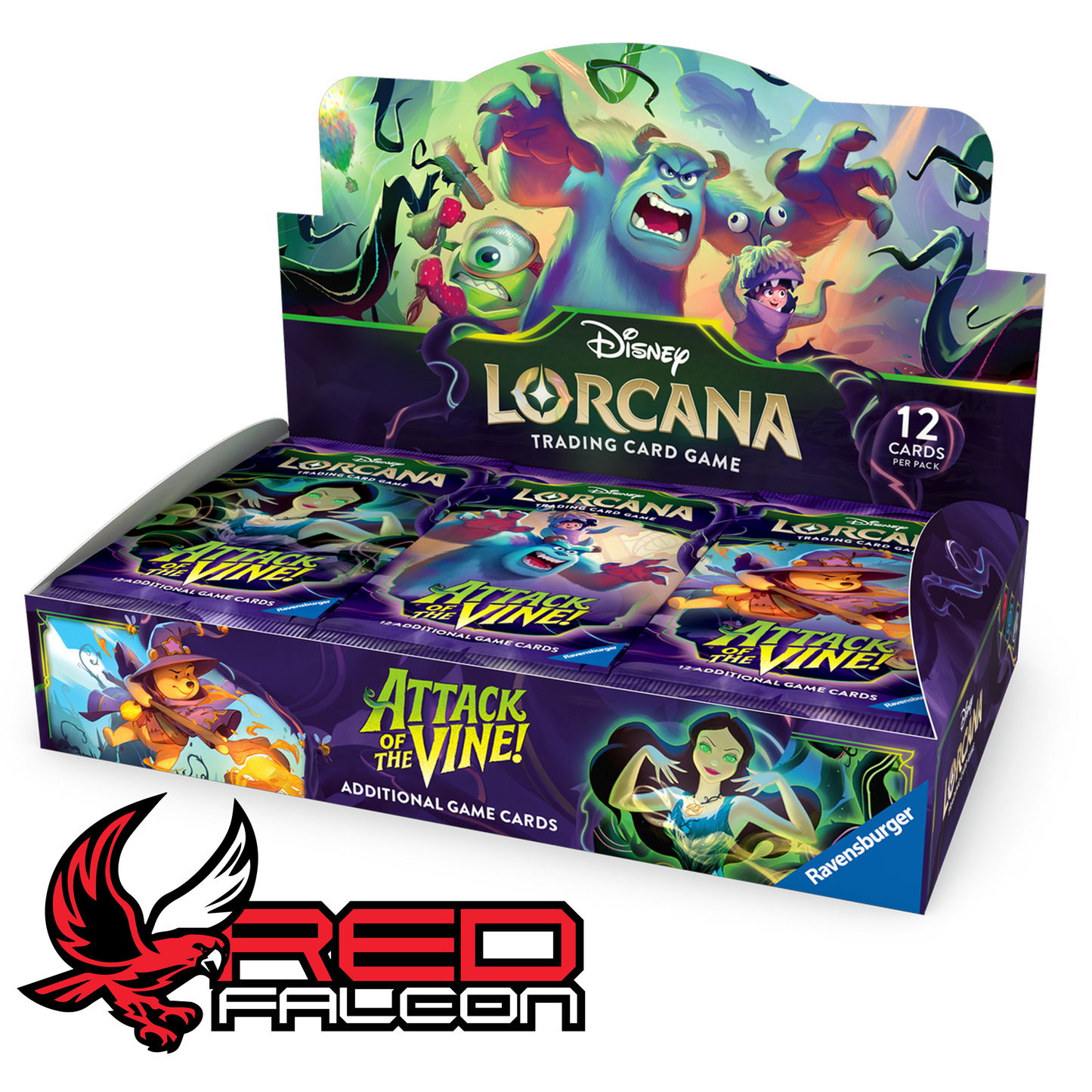 The front view of the official factory-sealed Disney Lorcana Attack of the Vine 24-pack booster display box.