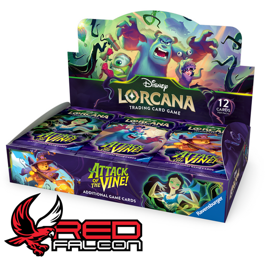The front view of the official factory-sealed Disney Lorcana Attack of the Vine 24-pack booster display box.