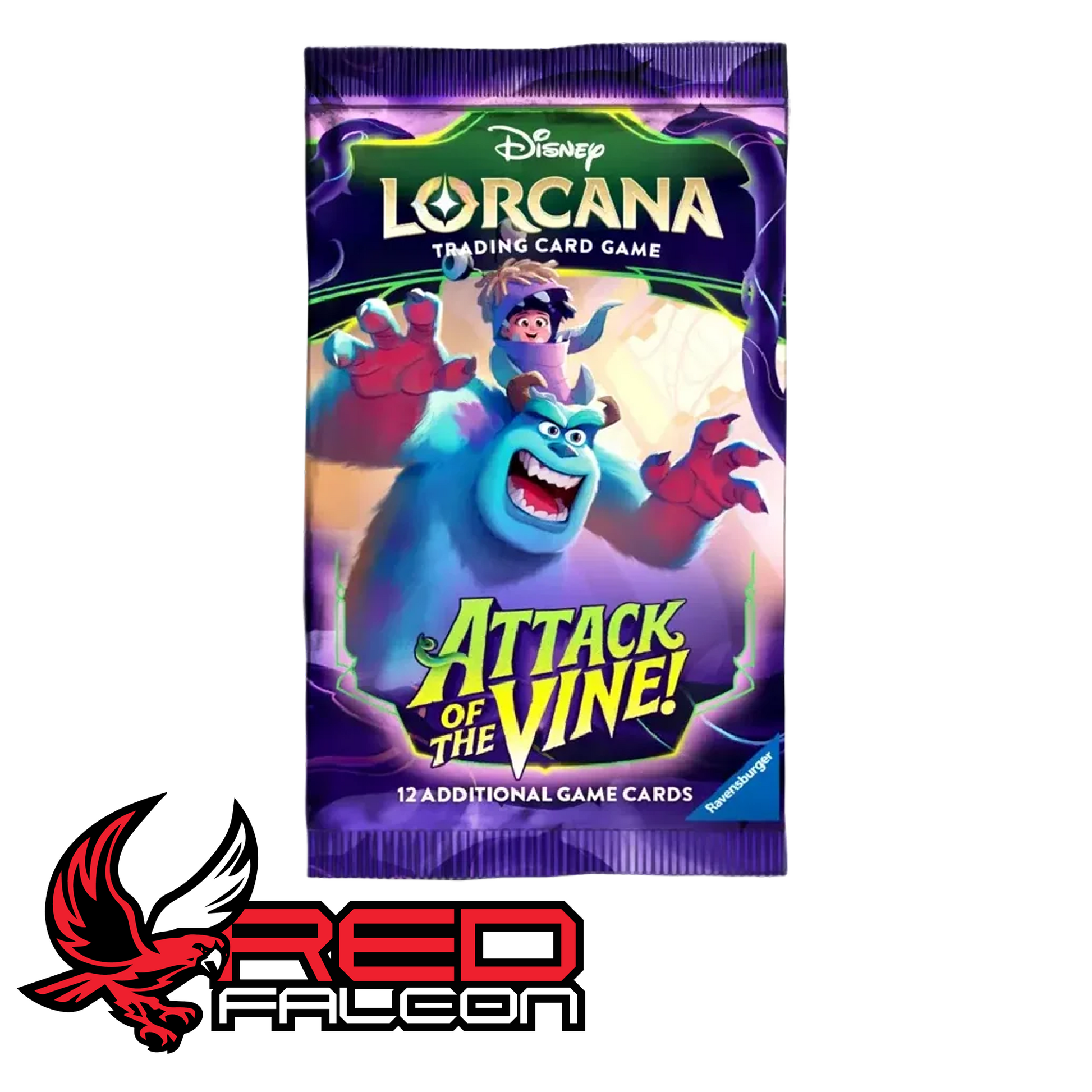 The front view of a Disney Lorcana Attack of the Vine booster pack featuring artwork of Sully and Boo.