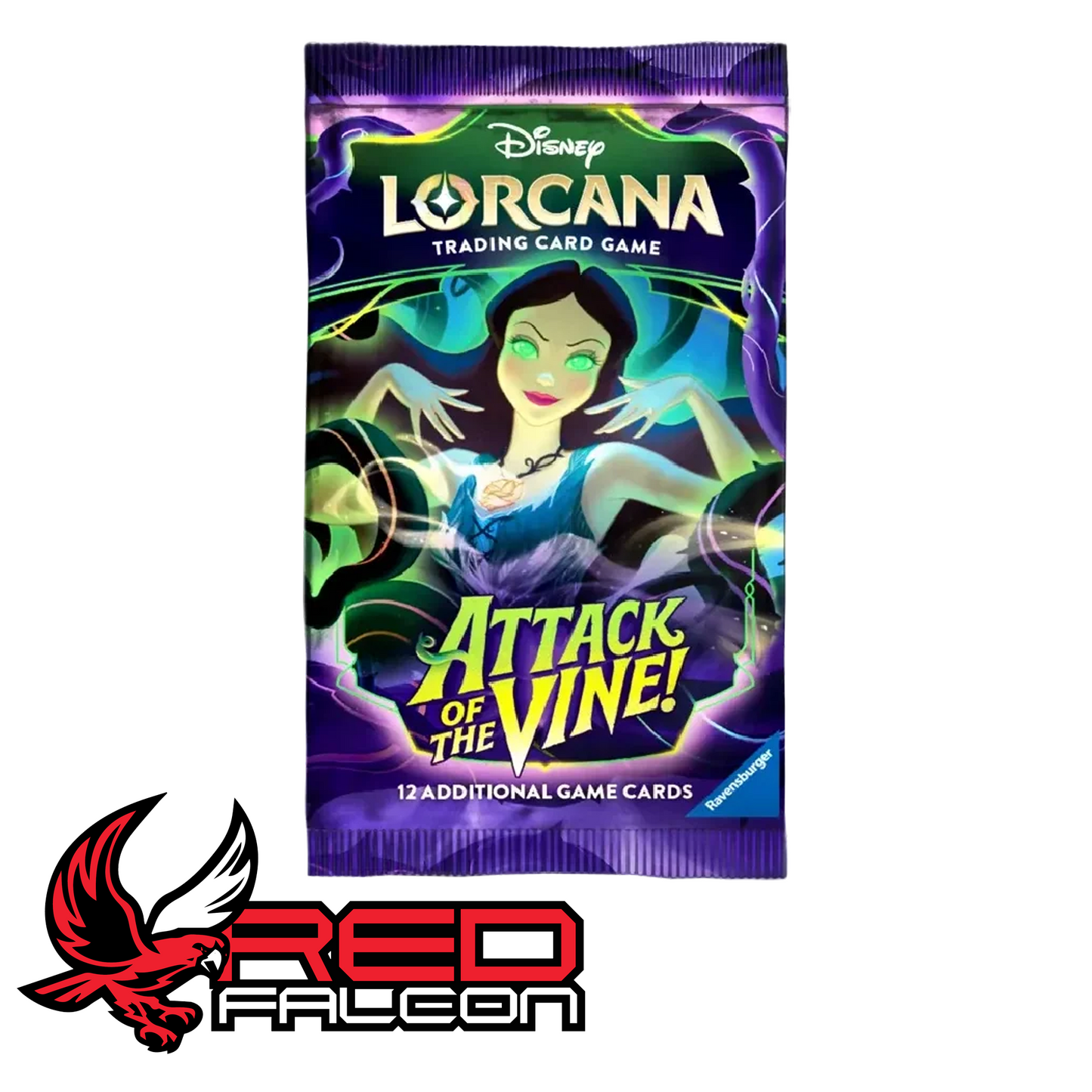 The front view of a Disney Lorcana Attack of the Vine booster pack featuring artwork of Ursula.