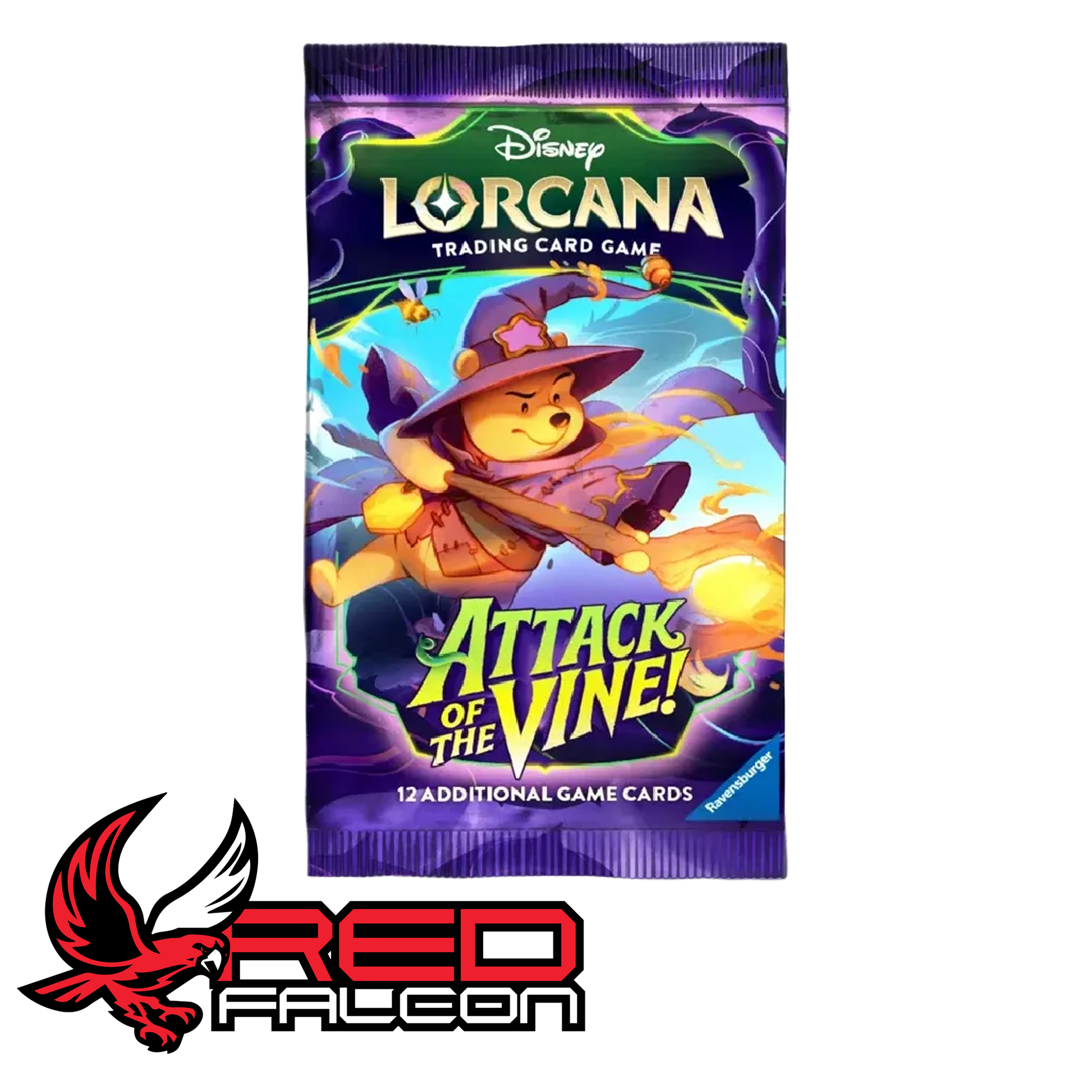 The front view of a Disney Lorcana Attack of the Vine booster pack featuring artwork of Winnie the Pooh.