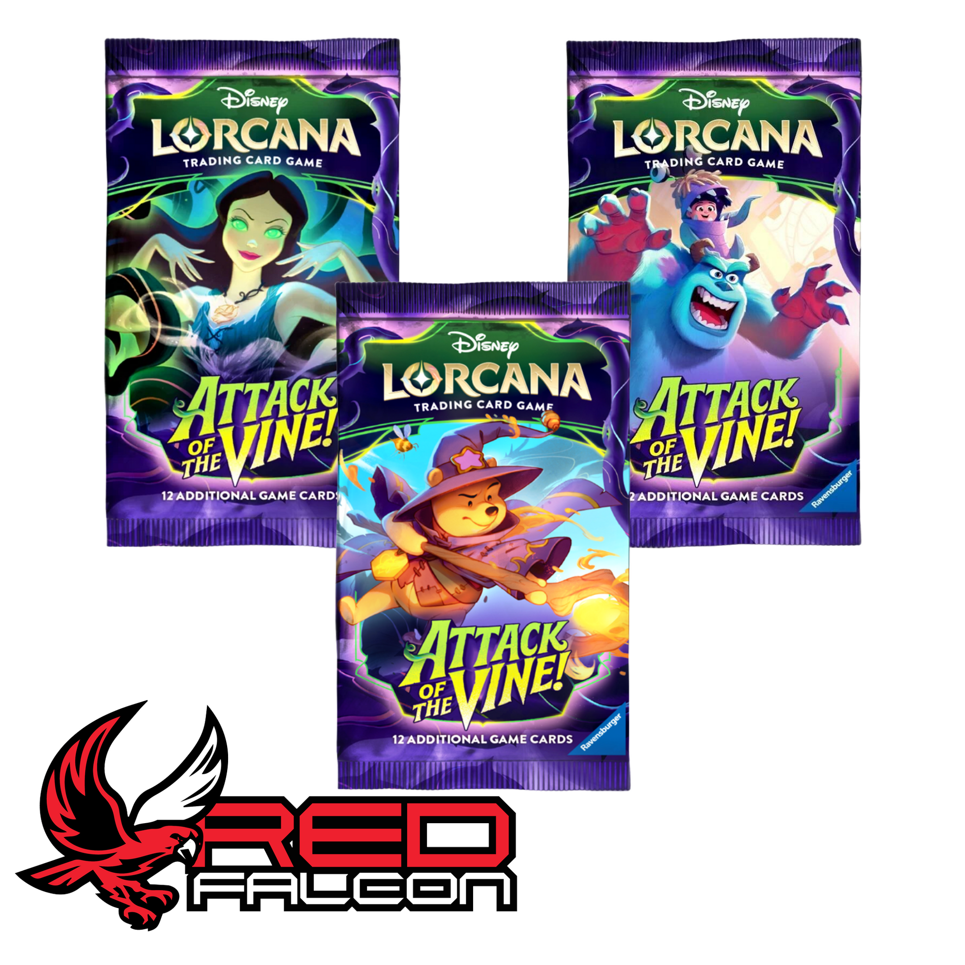 A side-by-side display of all three unique booster pack artwork variations for Disney Lorcana Attack of the Vine featuring Winnie the Pooh, Ursula, and Sully and Boo.