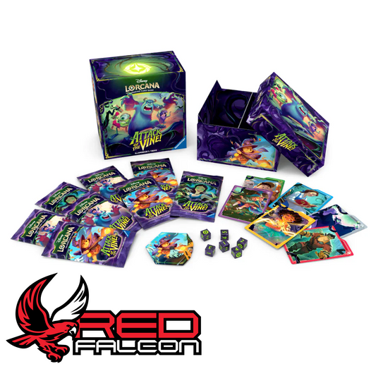 The complete contents of the Disney Lorcana Attack of the Vine Illumineer's Trove laid out, showing booster packs, card dividers, dice, and lore counter.