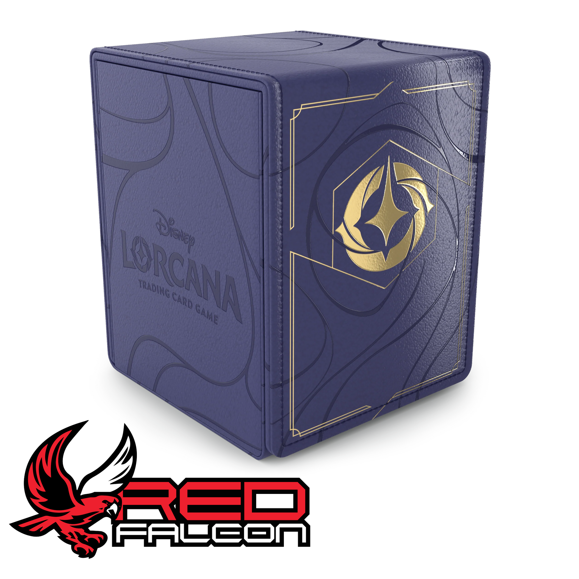 The front view of the premium Disney Lorcana Deluxe Deck Box securely closed with its magnetic flap.