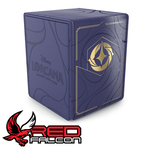 The front view of the premium Disney Lorcana Deluxe Deck Box securely closed with its magnetic flap.