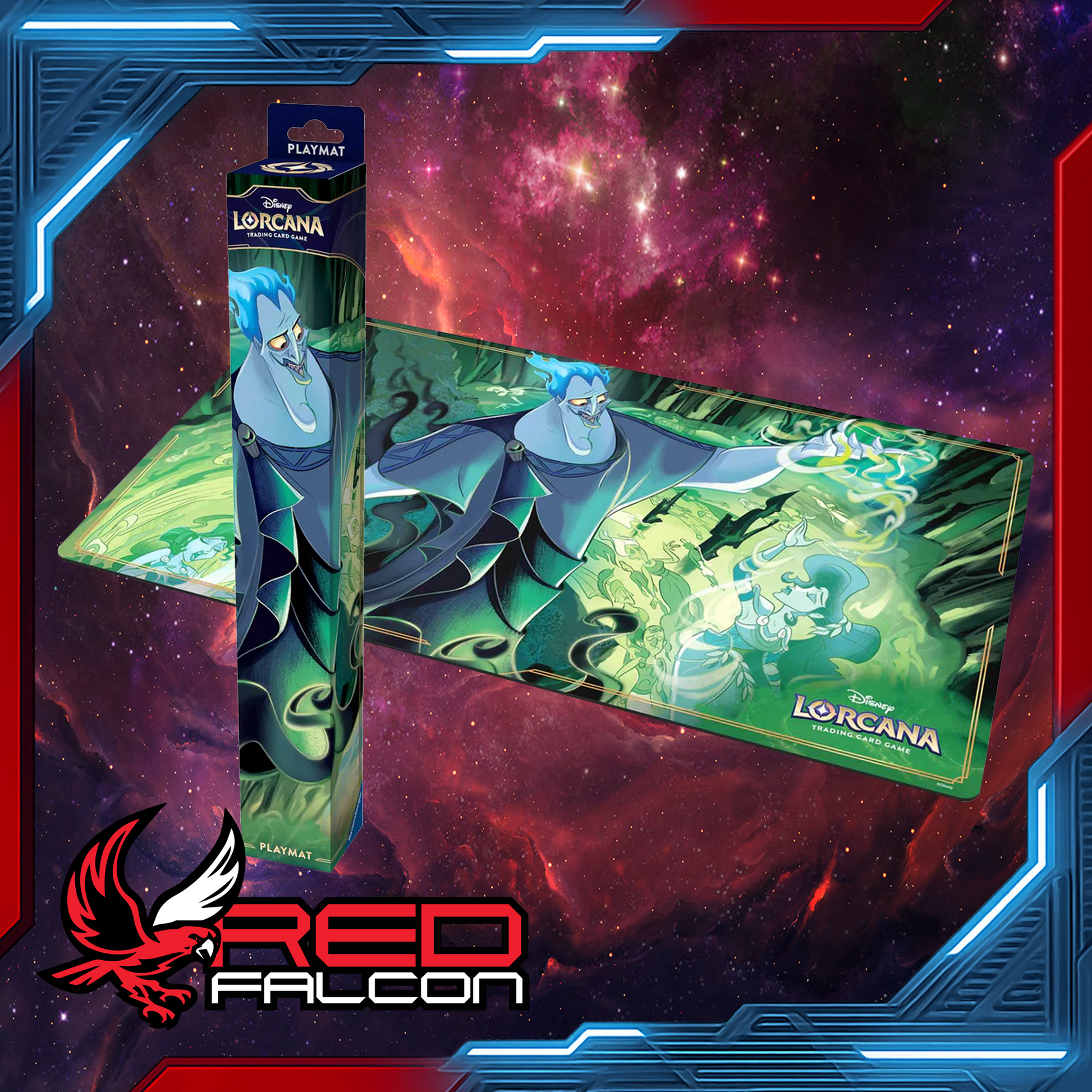 Disney Lorcana Hades Playmat from Set 8, shown both boxed and fully laid out for gameplay