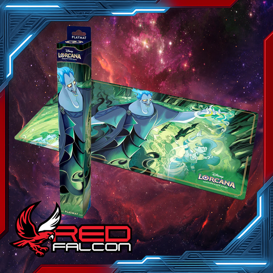 Disney Lorcana Hades Playmat from Set 8, shown both boxed and fully laid out for gameplay