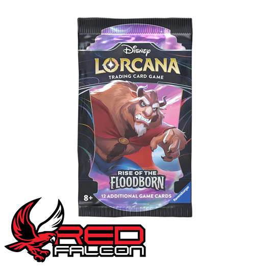 A single Disney Lorcana Rise of the Floodborn booster pack featuring the Beast from Beauty and the Beast in a fierce, dynamic pose.