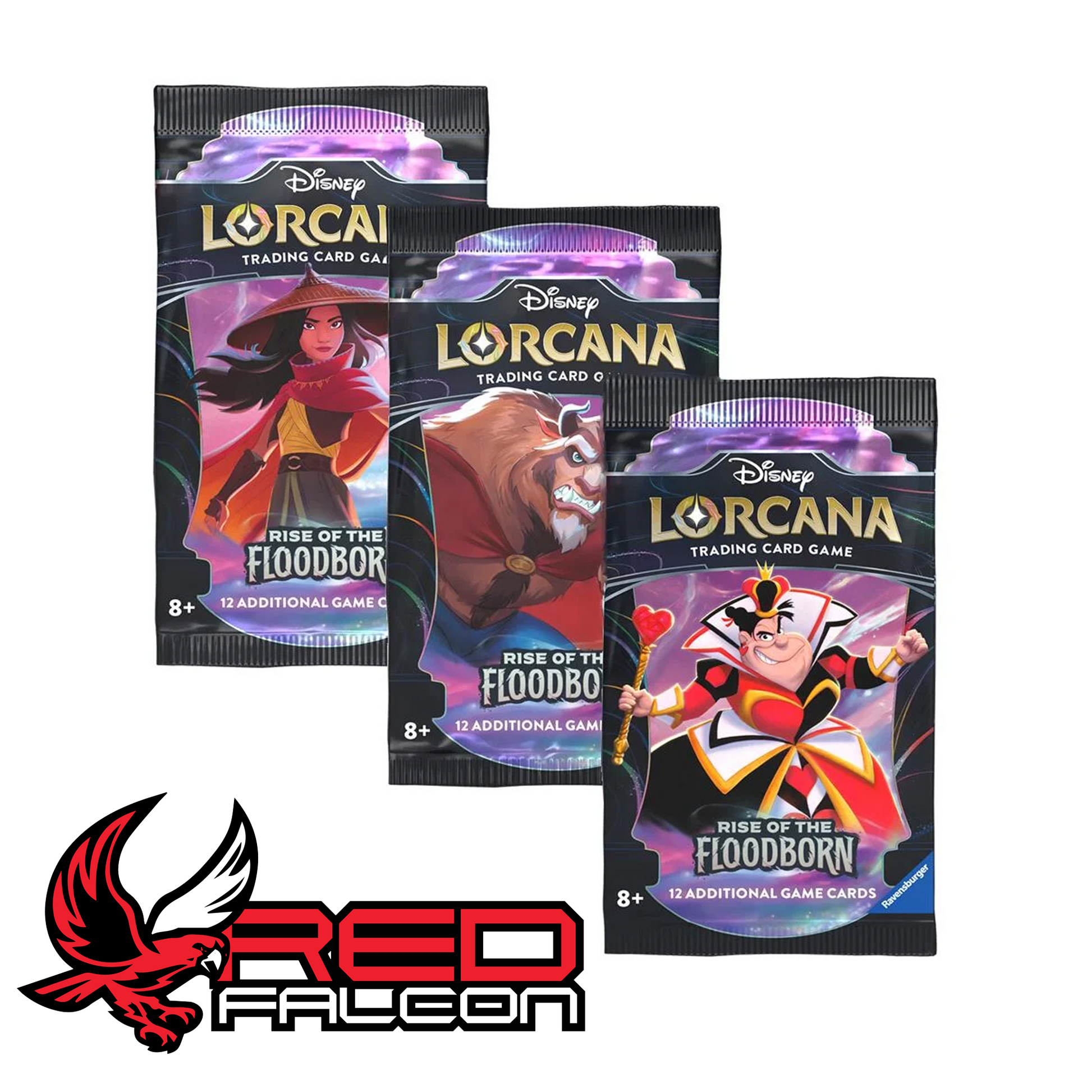 A fanned-out selection displaying all three distinct booster pack art designs for the Rise of the Floodborn expansion.
