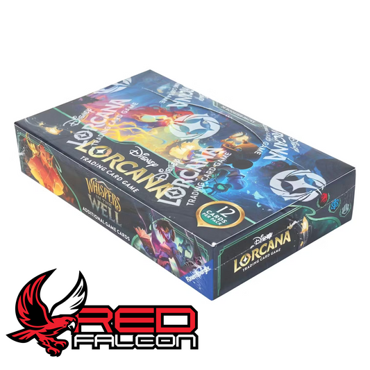 A close-up view of a factory-sealed Disney Lorcana Whispers in the Well booster box showcasing the official Ravensburger tear-strip.