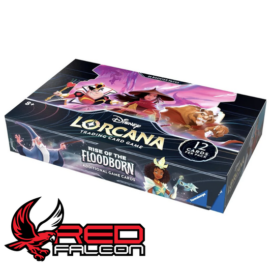 A close-up view of a factory-sealed Disney Lorcana Rise of the Floodborn booster box showing the official Ravensburger security tear-strip.