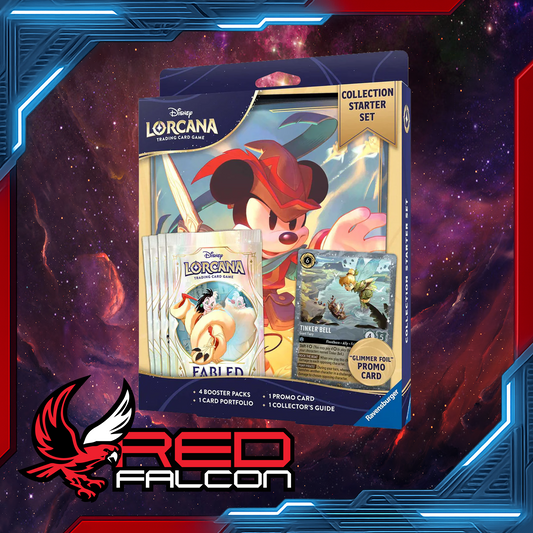 Disney Lorcana Set 9 Fabled Collection Starter Set box including 4 Fabled booster packs, card portfolio, promo card and collector guide