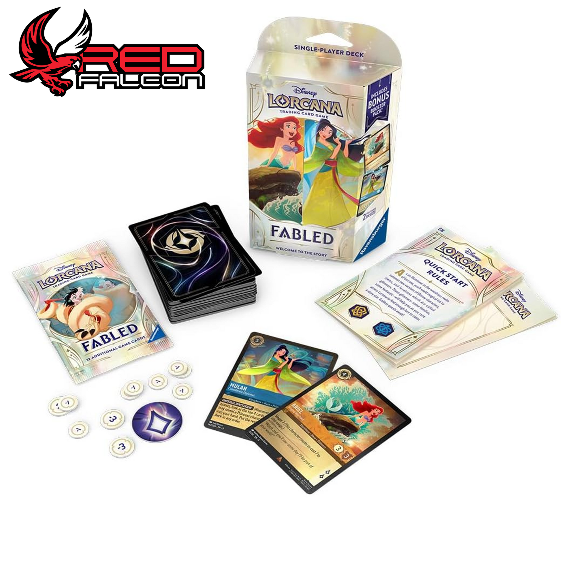 Contents of the Disney Lorcana Set 9 Fabled Starter Deck featuring Ariel and Mulan including a 60-card pre-built deck, 2 foil character cards, Fabled booster pack, playmat, lore tracker, damage counters, and rulebook
