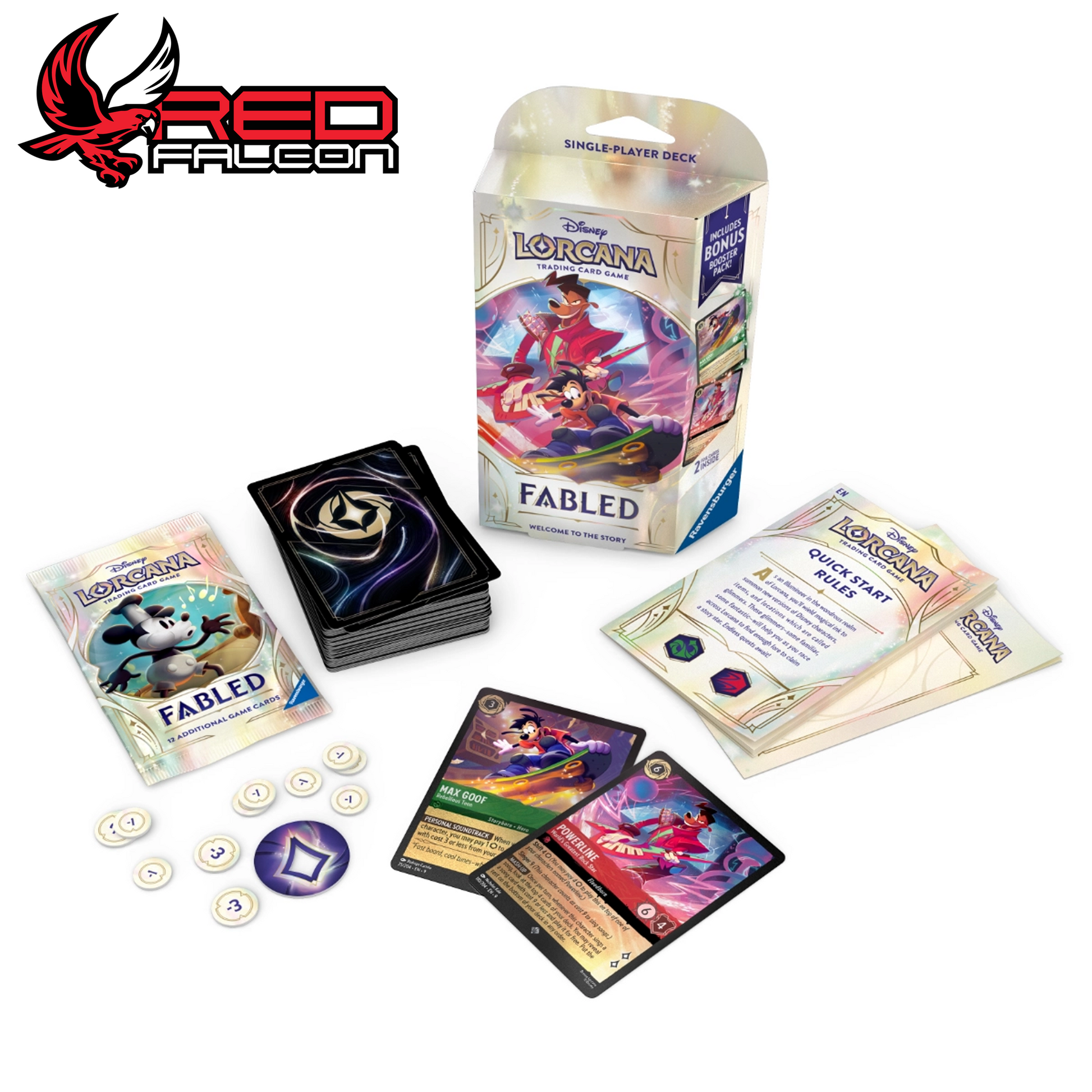 Contents of the Disney Lorcana Set 9 Fabled Starter Deck featuring Powerline and Max including a 60-card pre-built deck, 2 foil character cards, Fabled booster pack, playmat, lore tracker, damage counters, and rulebook
