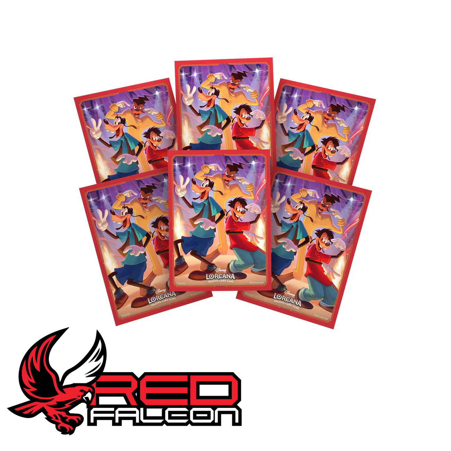 Multiple Goofy card sleeves fanned out to show the repetitive high-quality print across the deck protectors.