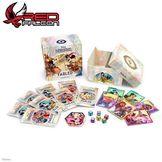 Contents of the Disney Lorcana Set 9 Fabled Illumineer’s Trove including 8 Fabled booster packs, card storage box, foil dividers, ink-themed dice, and lore counter