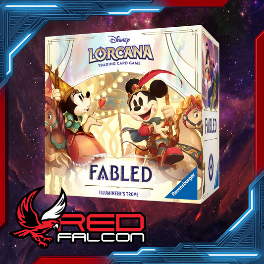 Disney Lorcana Set 9 Fabled Illumineer’s Trove box with booster packs, card dividers, lore counter, storage box, and ink-themed dice
