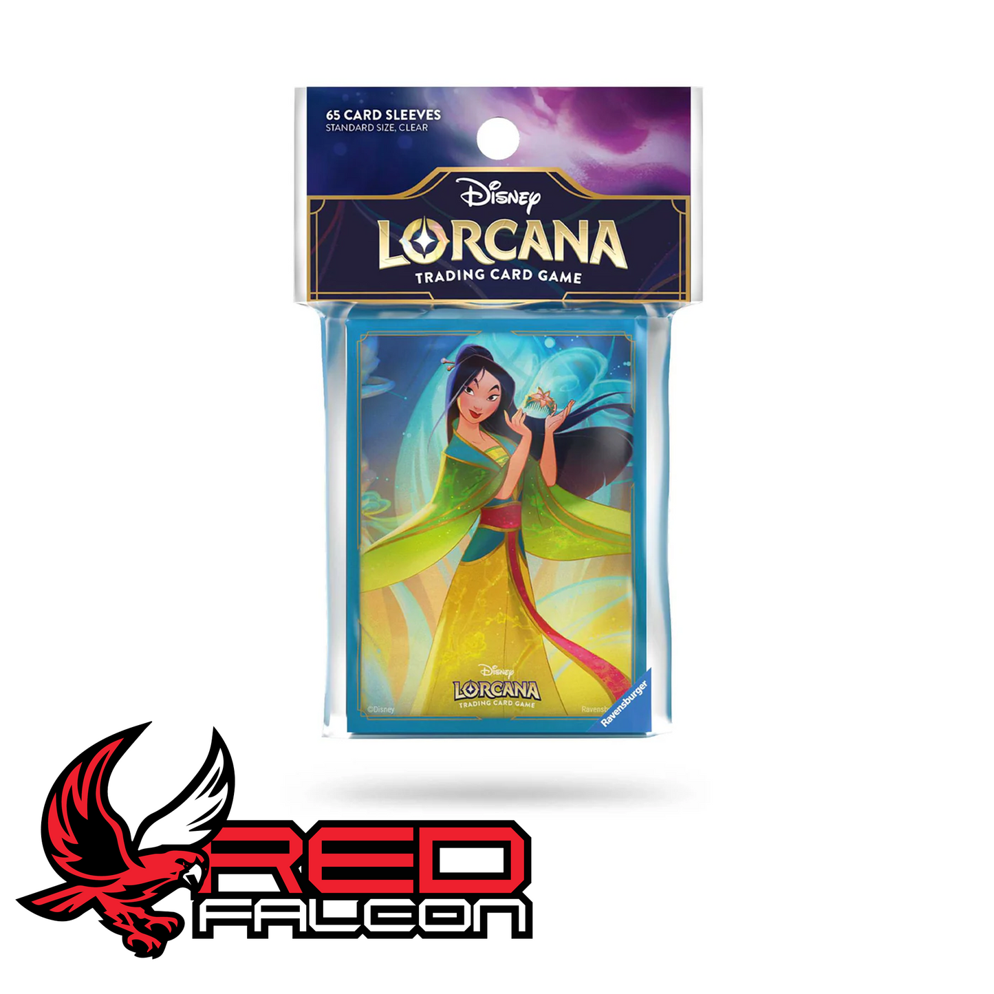 The front view of the official factory-sealed Disney Lorcana Set 9 card sleeve hanging pack featuring Mulan artwork.
