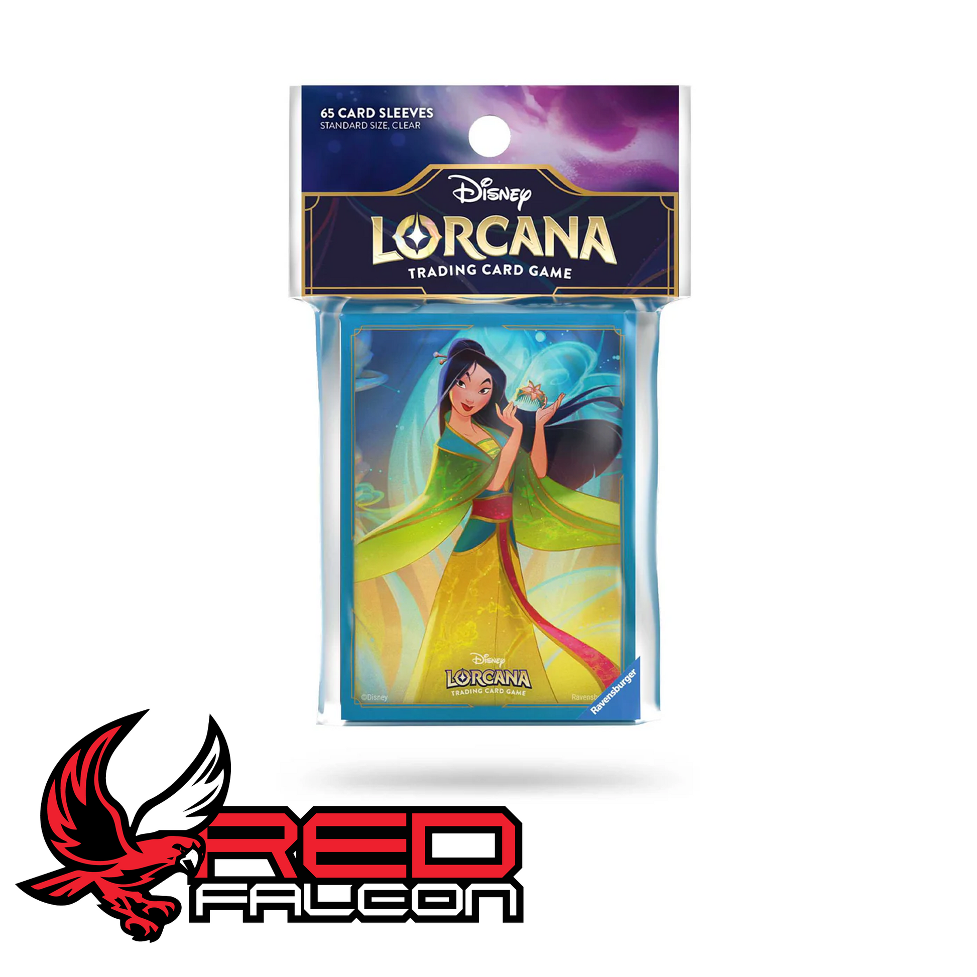 The front view of the official factory-sealed Disney Lorcana Set 9 card sleeve hanging pack featuring Mulan artwork.