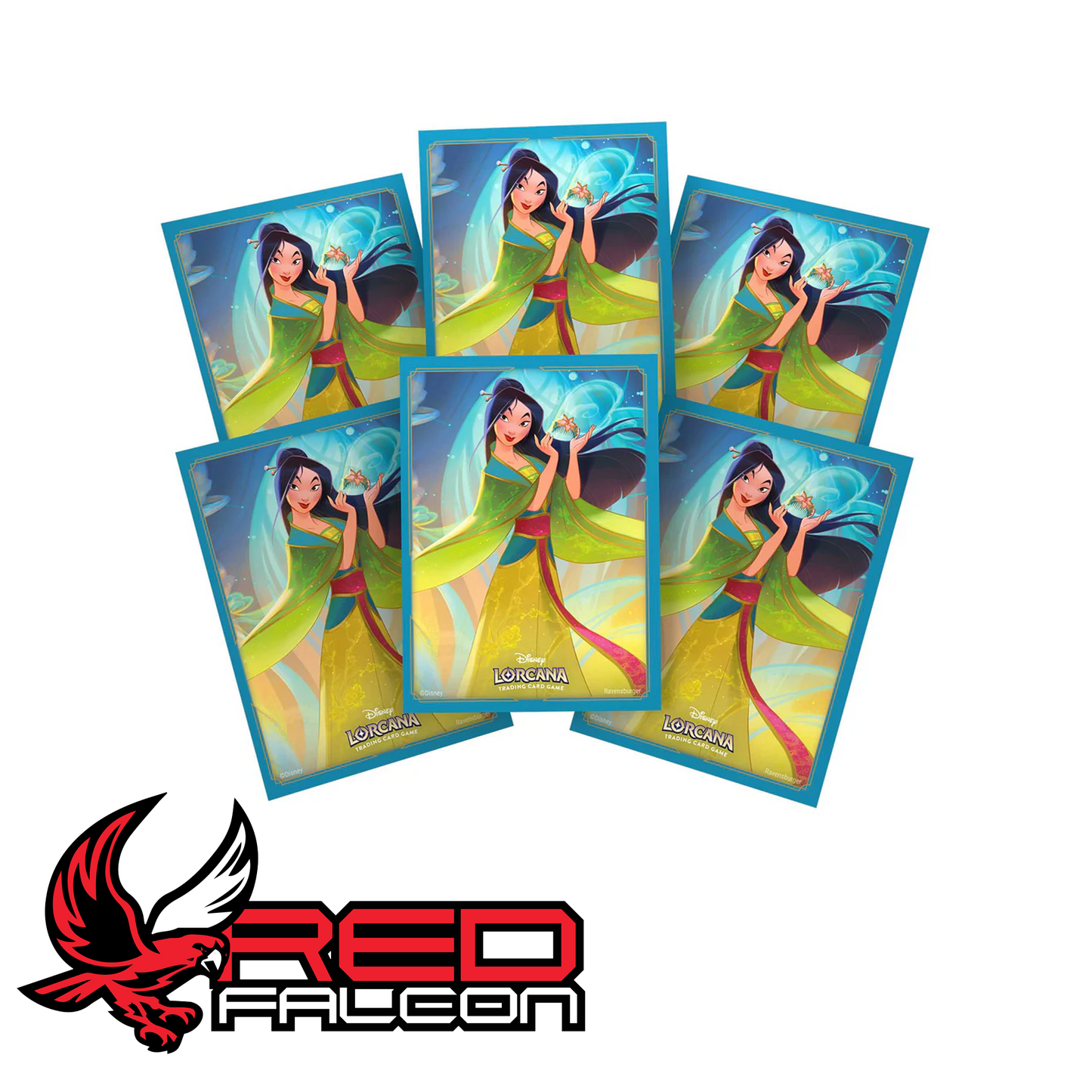 Multiple Mulan card sleeves fanned out to show the repetitive high-quality print across the deck protectors.