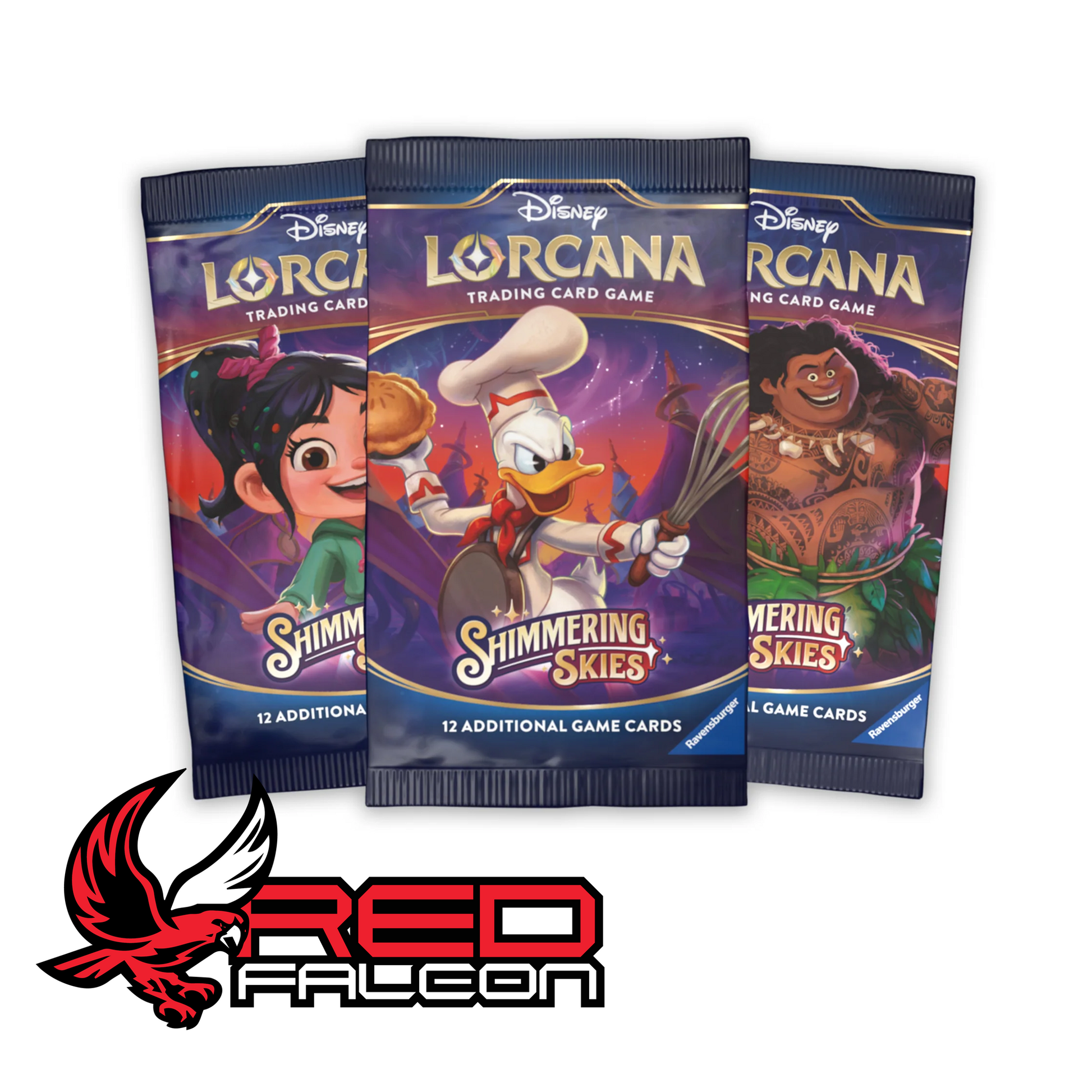 All three booster pack artwork variants for Disney Lorcana Shimmering Skies Set 5 featuring Donald Duck, Vanellope, and Maui.