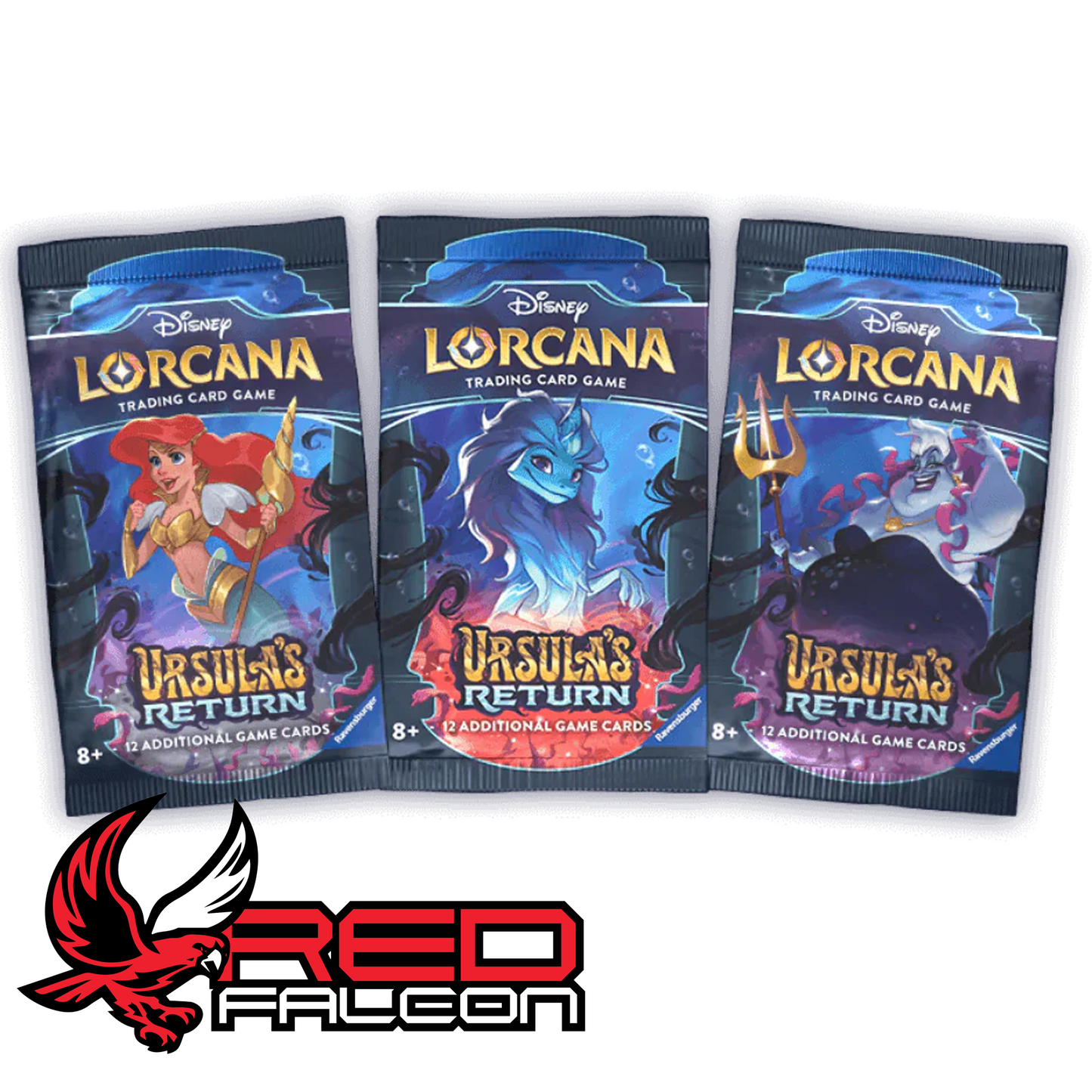 Collection of Disney Lorcana Ursula’s Return booster packs featuring Ariel, Sisu, and Ursula artwork